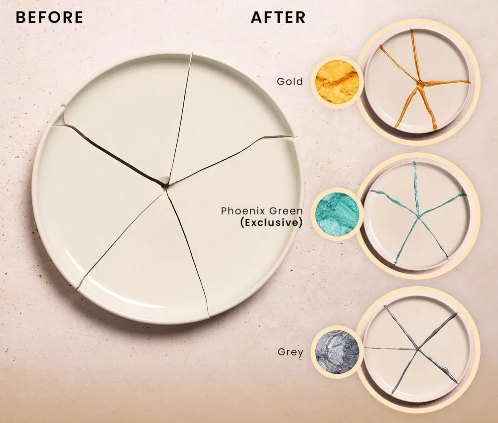 Kintsugi repair before and after - ceramic plate restored with Phoenix Green and gold pigment