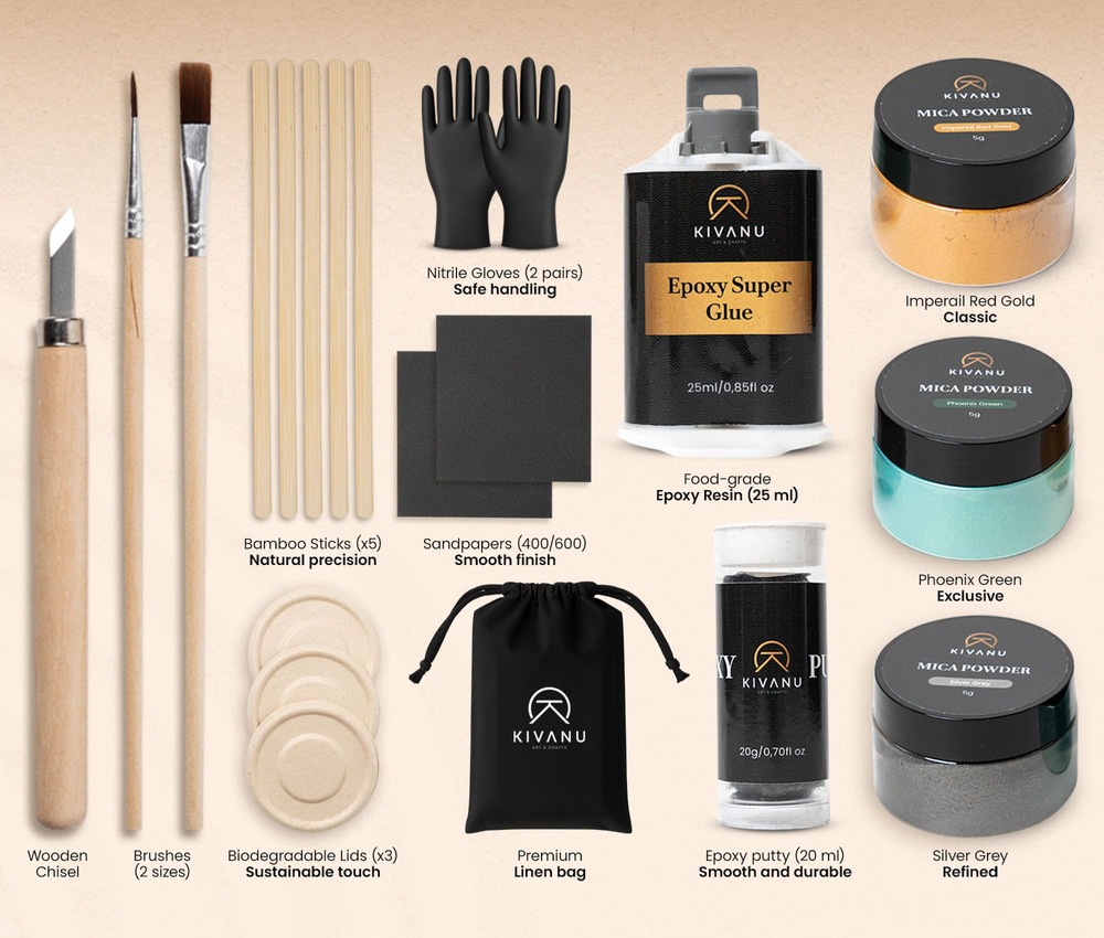 Kintsugi kit amazon usa contents - epoxy, gold mica, Phoenix Green, bamboo tools