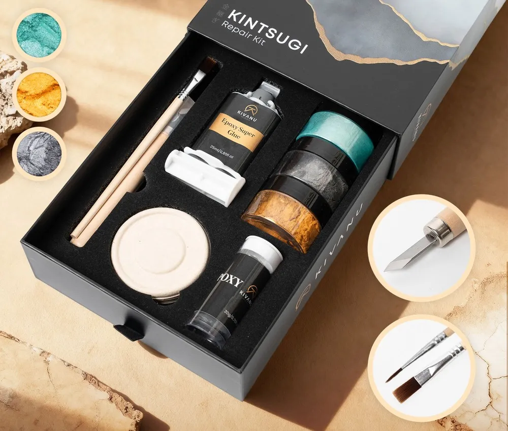Kintsugi kit materials - food-safe epoxy, gold mica powder, Phoenix Green pigment and bamboo tools